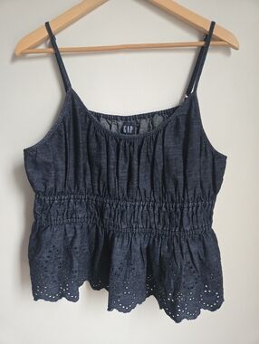 New GAP Dark Navy Denim Eyelet Smocked Cami